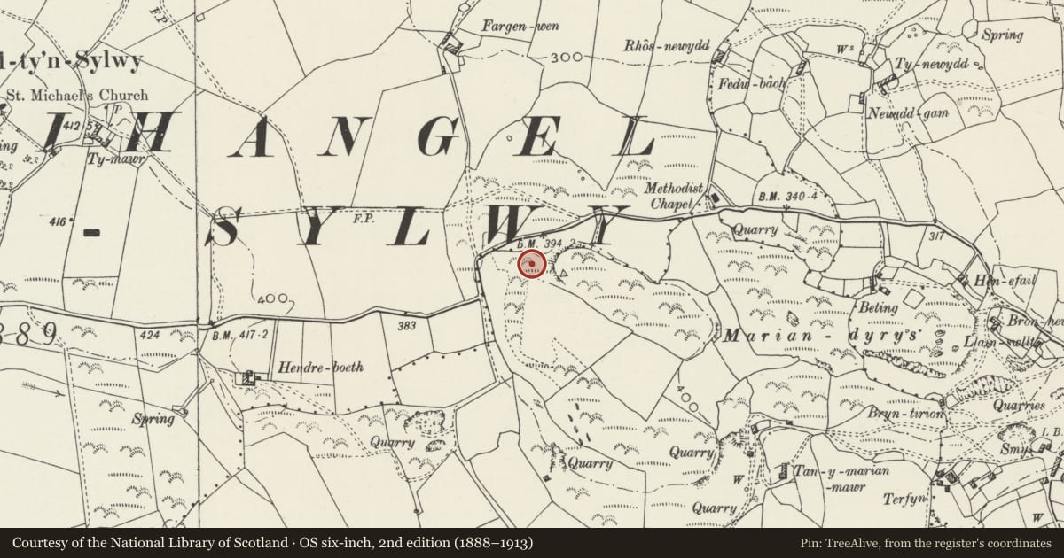 Ordnance Survey six-inch map, 2nd edition (1888–1913) covering the location of Enclosed Hut Group West of Mariandyrys, Llanddona, Isle of Anglesey, with a pin at the register's coordinates