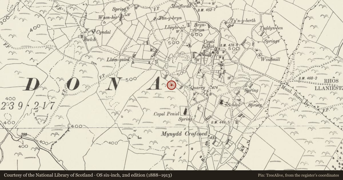 Ordnance Survey six-inch map, 2nd edition (1888–1913) covering the location of Hut Circle W of Buarth Cyttir, Llanddona, Isle of Anglesey, with a pin at the register's coordinates