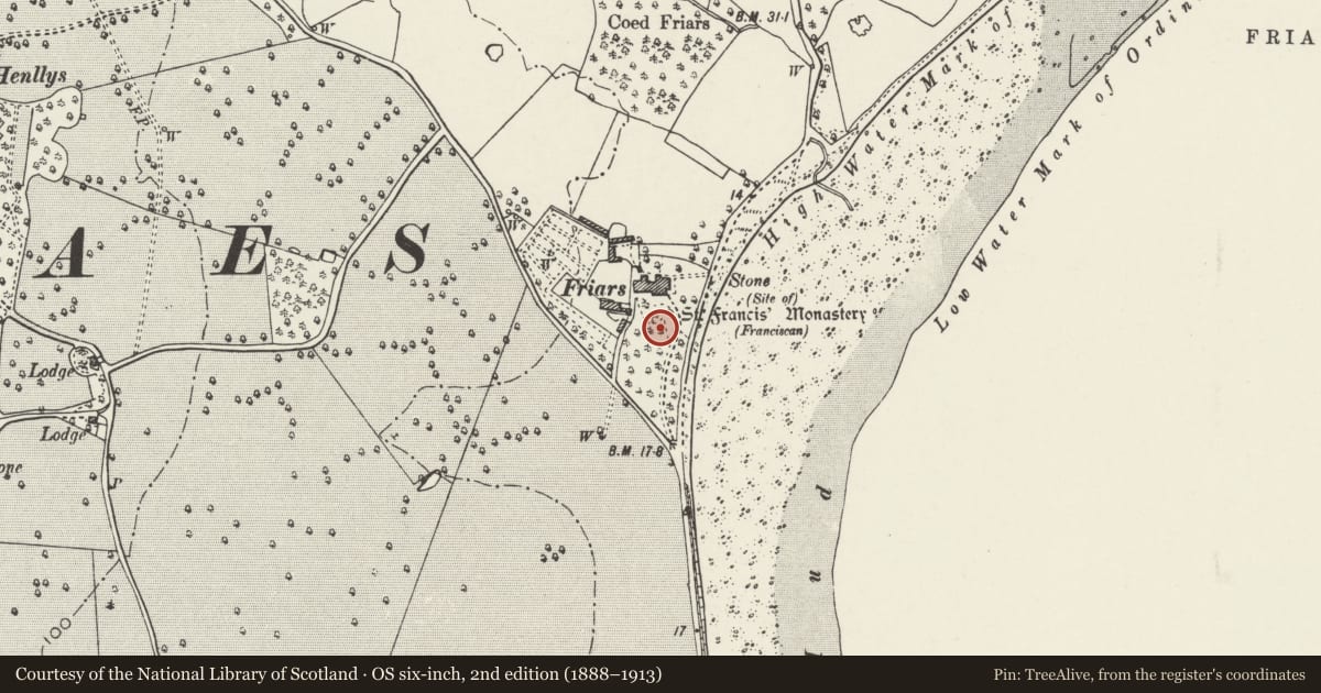 Ordnance Survey six-inch map, 2nd edition (1888–1913) covering the location of Site of Friary at Llanfaes, Beaumaris, Isle of Anglesey, with a pin at the register's coordinates