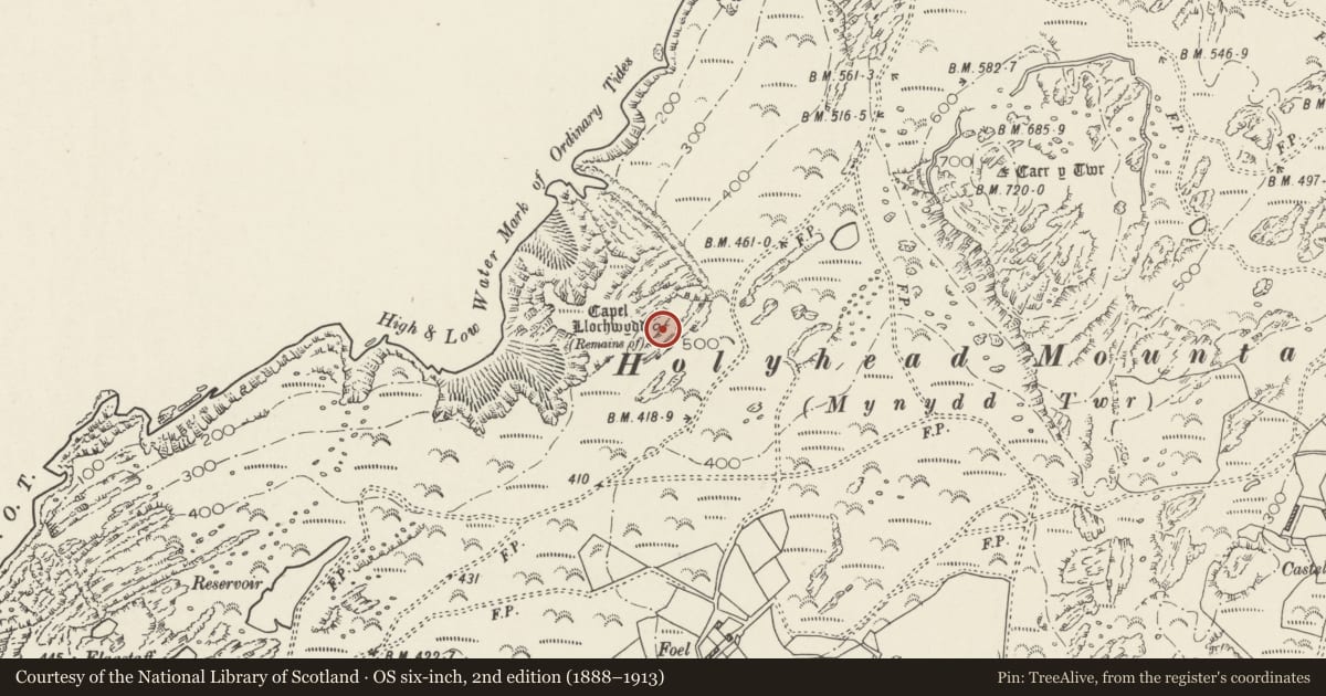 Ordnance Survey six-inch map, 2nd edition (1888–1913) covering the location of Gogarth Bay round cairn, Trearddur, Isle of Anglesey, with a pin at the register's coordinates