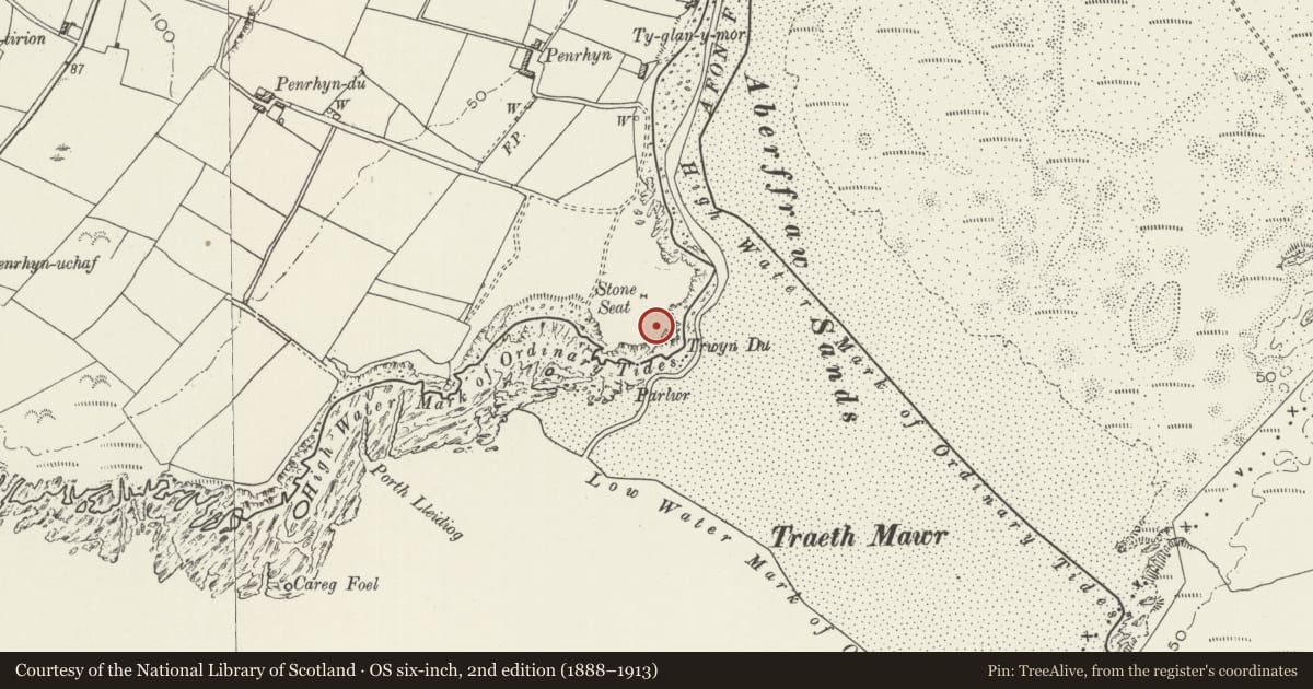 Ordnance Survey six-inch map, 2nd edition (1888–1913) covering the location of Trwyn Du round cairn, Aberffraw, Isle of Anglesey, with a pin at the register's coordinates