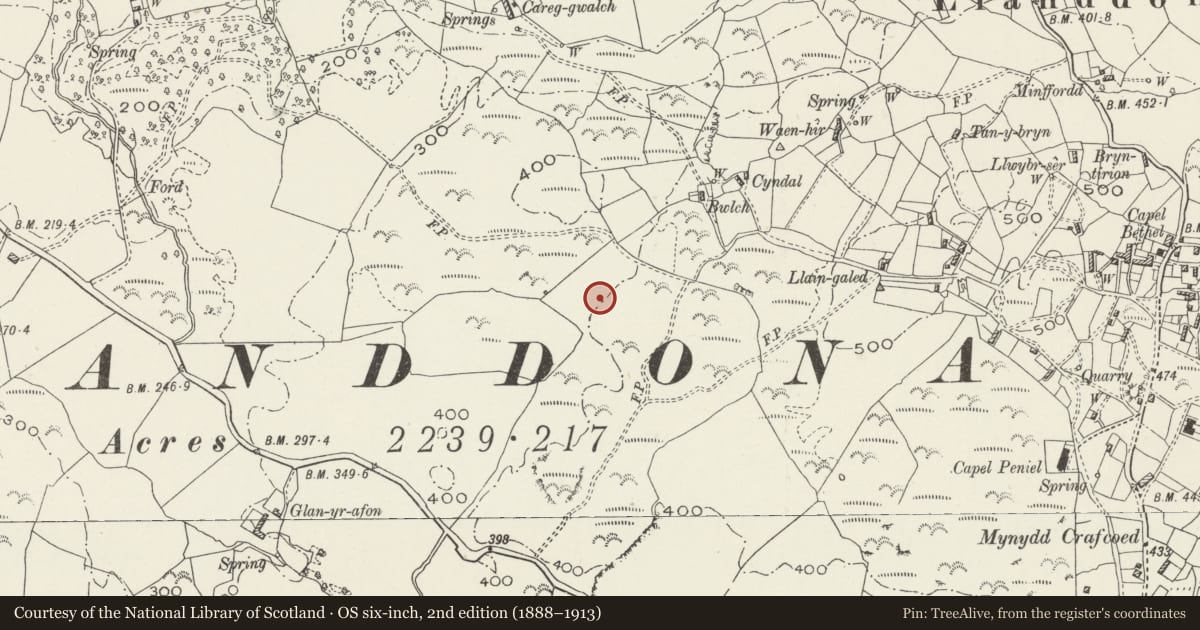 Ordnance Survey six-inch map, 2nd edition (1888–1913) covering the location of Llanddona Standing Stone, Isle of Anglesey, with a pin at the register's coordinates
