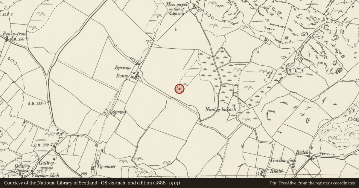 Ordnance Survey six-inch map, 2nd edition (1888–1913) covering the location of Bonw Burial Mound, Cylch-y-Garn, Isle of Anglesey, with a pin at the register's coordinates