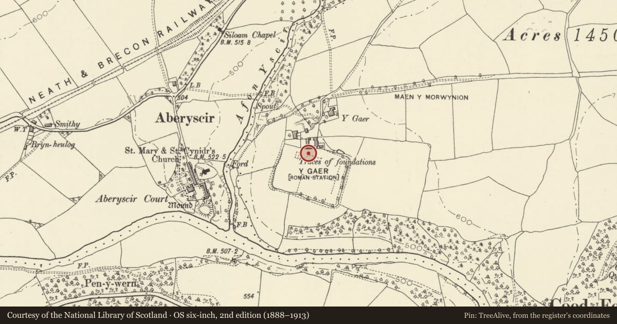 Ordnance Survey six-inch map, 2nd edition (1888–1913) covering the location of Caer Rufeinig y Gaer, Yscir, Powys, with a pin at the register's coordinates
