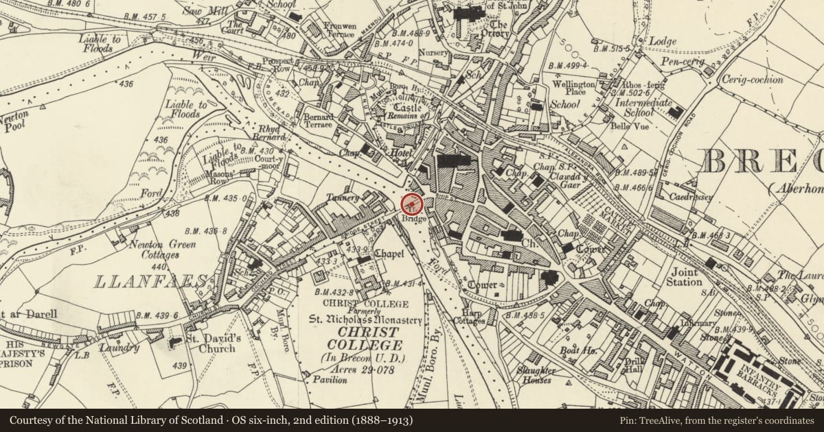 Ordnance Survey six-inch map, 2nd edition (1888–1913) covering the location of Brecon Bridge, Powys, with a pin at the register's coordinates