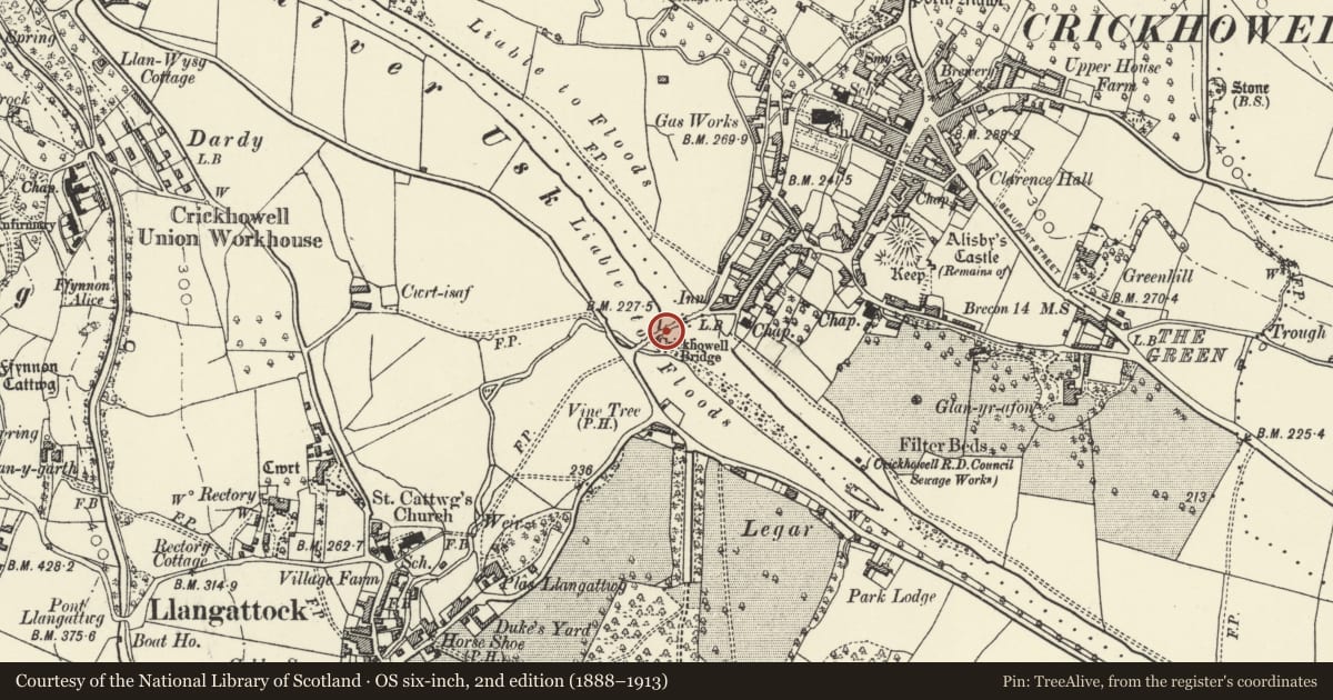 Ordnance Survey six-inch map, 2nd edition (1888–1913) covering the location of Crickhowell Bridge, Powys, with a pin at the register's coordinates