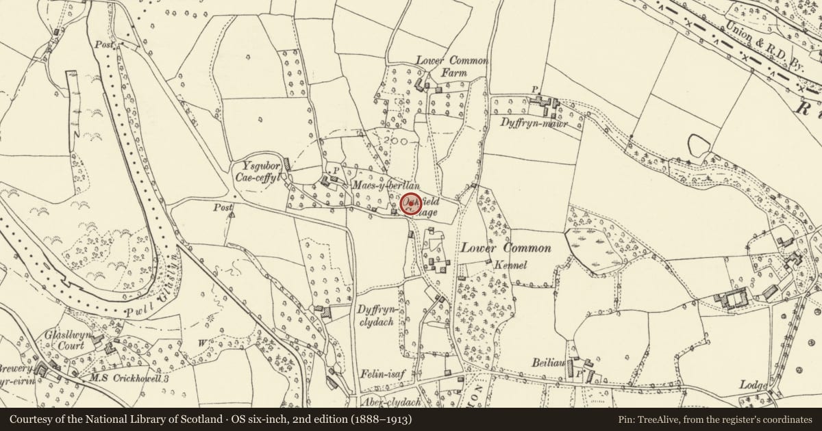 Ordnance Survey six-inch map, 2nd edition (1888–1913) covering the location of Battle Tump, Llanelly, Monmouthshire, with a pin at the register's coordinates