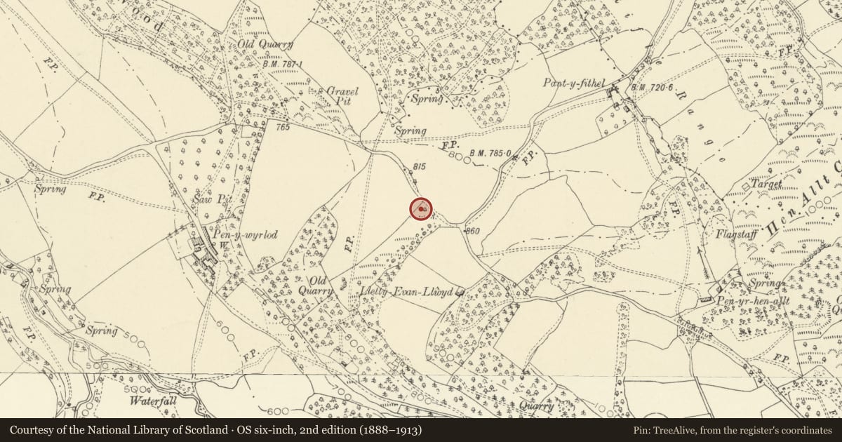 Ordnance Survey six-inch map, 2nd edition (1888–1913) covering the location of Pen-y-Wyrlod Long Barrow, Llanigon, Powys, with a pin at the register's coordinates