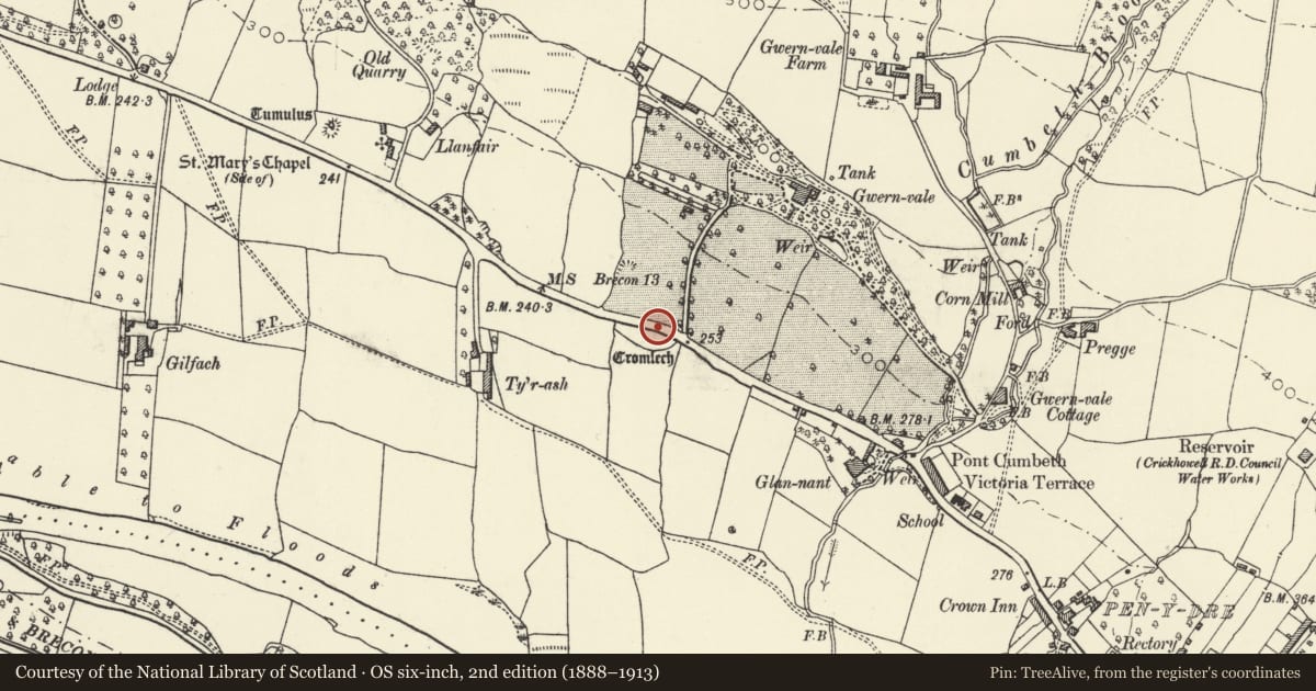 Ordnance Survey six-inch map, 2nd edition (1888–1913) covering the location of Gwernvale chambered cairn, Crickhowell, Powys, with a pin at the register's coordinates