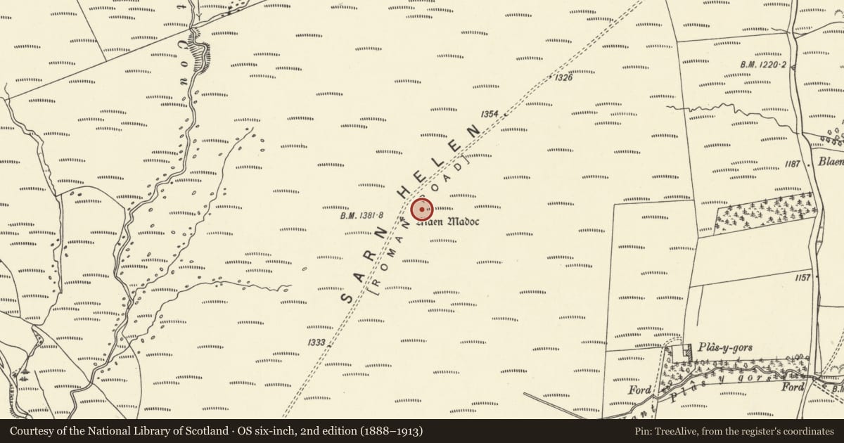 Ordnance Survey six-inch map, 2nd edition (1888–1913) covering the location of Maen Madoc, Ystradfellte, Powys, with a pin at the register's coordinates