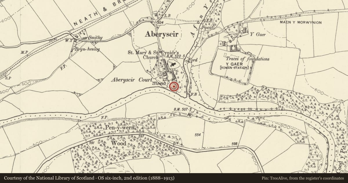 Ordnance Survey six-inch map, 2nd edition (1888–1913) covering the location of Aberyscir Castle Mound, Powys, with a pin at the register's coordinates