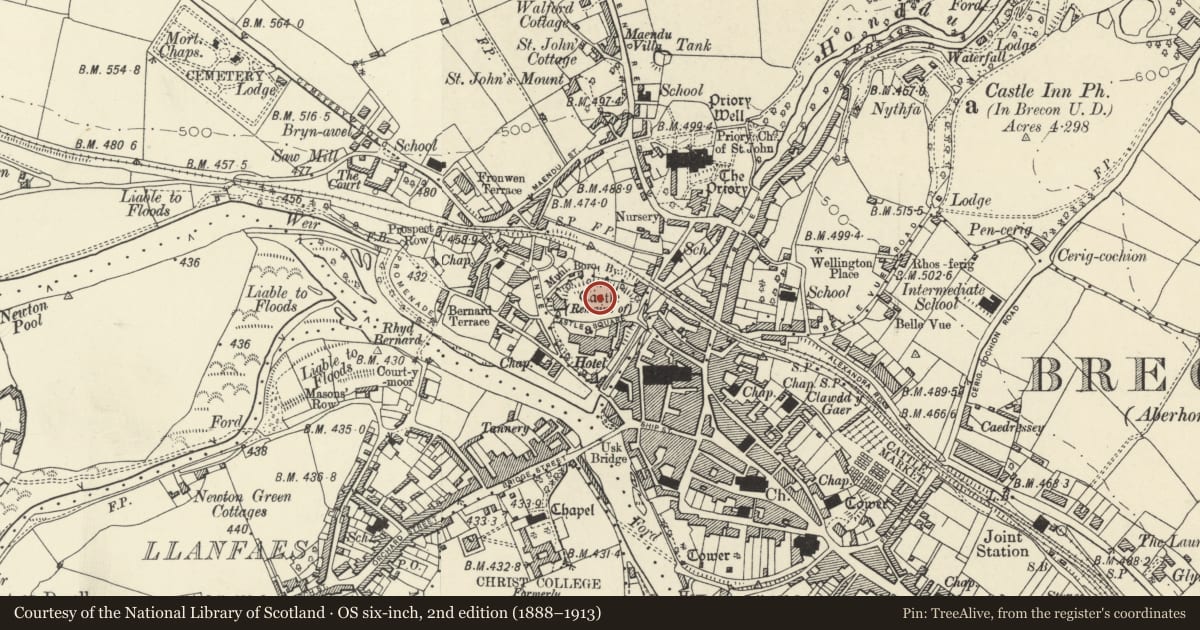 Ordnance Survey six-inch map, 2nd edition (1888–1913) covering the location of Brecon Castle, Powys, with a pin at the register's coordinates