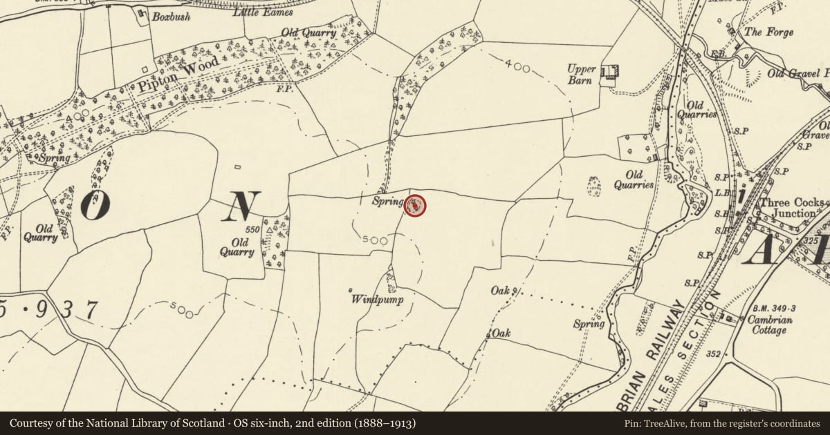 Ordnance Survey six-inch map, 2nd edition (1888–1913) covering the location of Pipton Long Barrow, Bronllys, Powys, with a pin at the register's coordinates