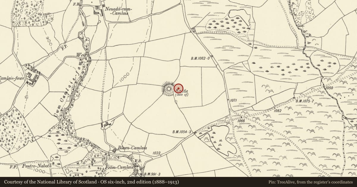 Ordnance Survey six-inch map, 2nd edition (1888–1913) covering the location of Cwm Camlais Castle, Trallong, Powys, with a pin at the register's coordinates