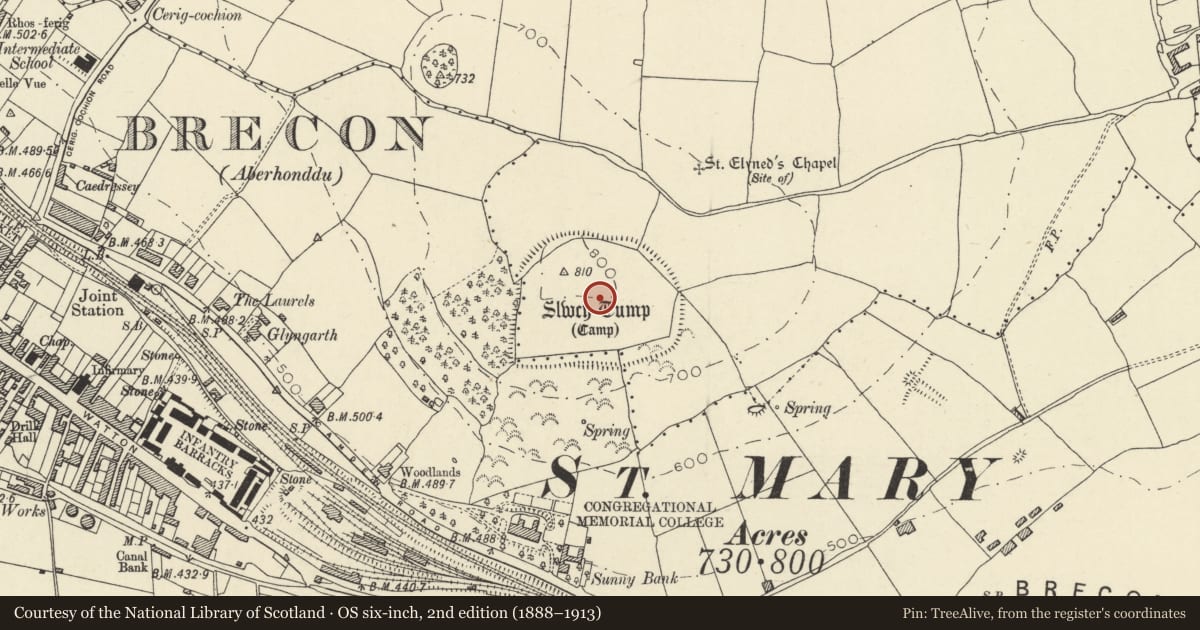 Ordnance Survey six-inch map, 2nd edition (1888–1913) covering the location of Slwch Camp, Brecon, Powys, with a pin at the register's coordinates