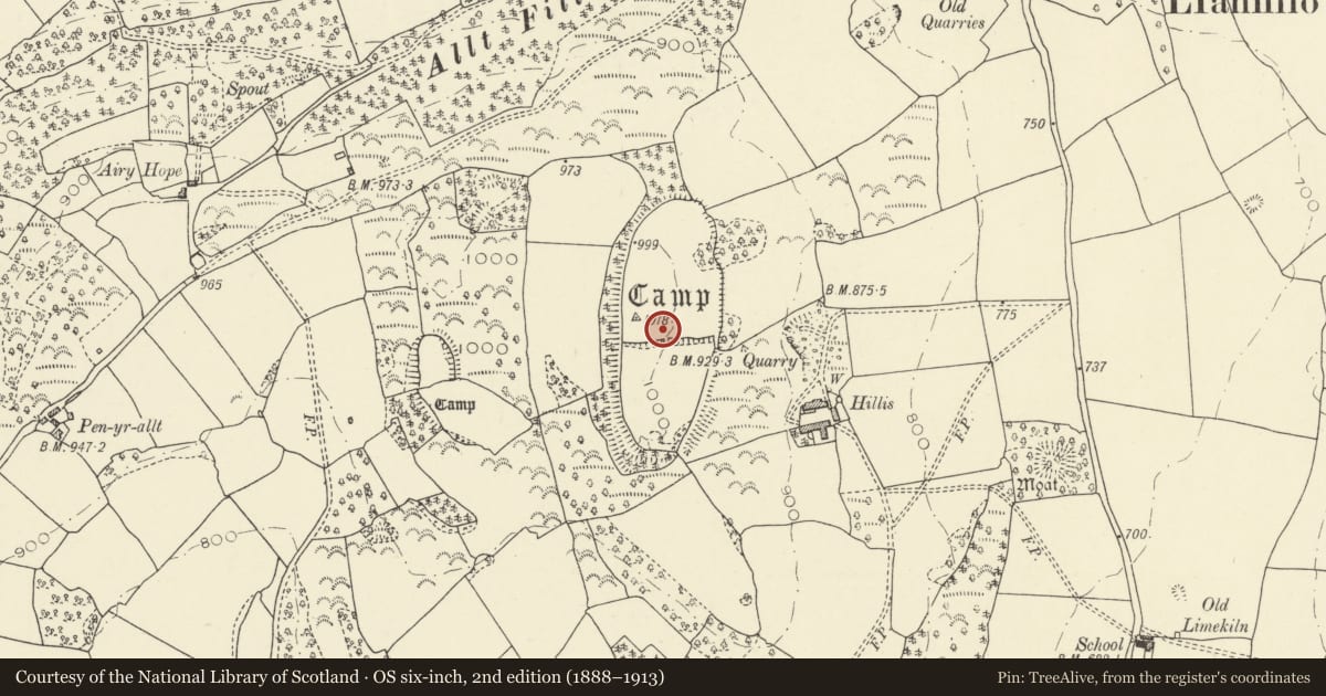 Ordnance Survey six-inch map, 2nd edition (1888–1913) covering the location of Llanfilo Camp, Felin-Fach, Powys, with a pin at the register's coordinates