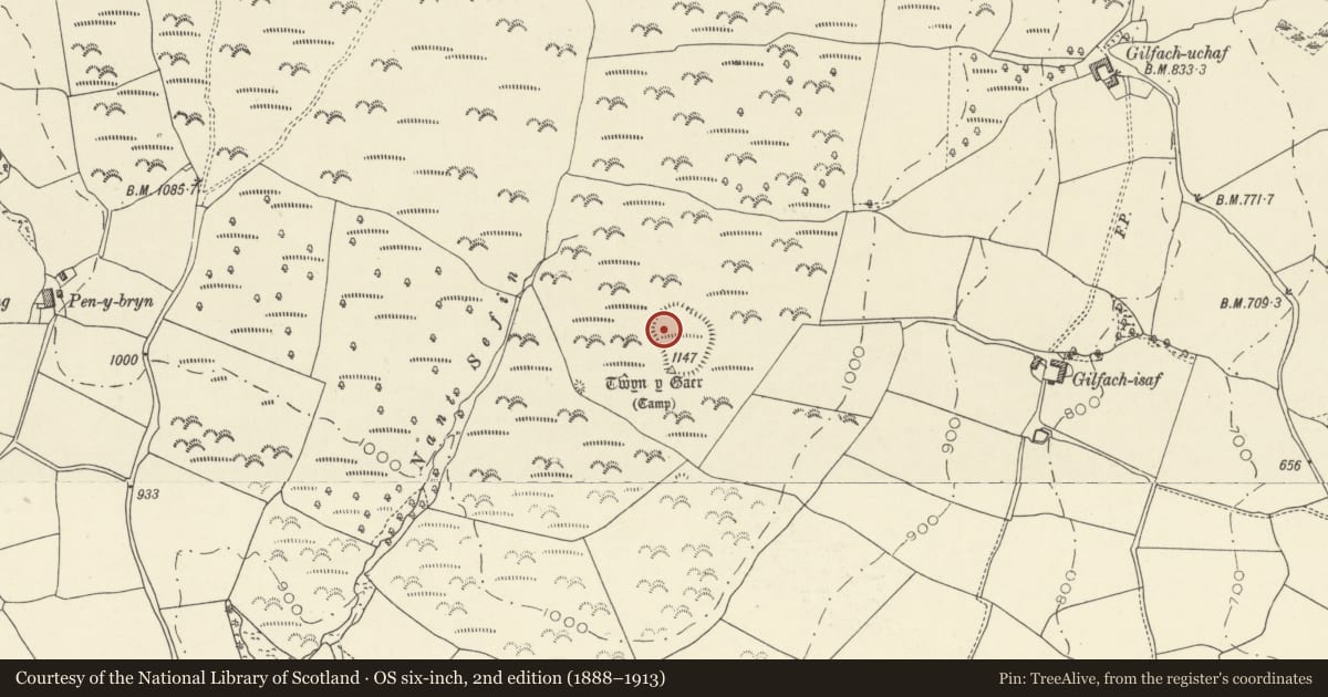 Ordnance Survey six-inch map, 2nd edition (1888–1913) covering the location of Twyn-y-Gaer, Trallong, Powys, with a pin at the register's coordinates