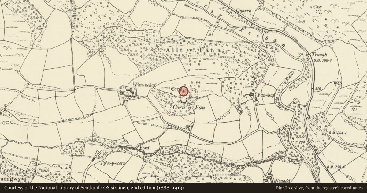 Ordnance Survey six-inch map, 2nd edition (1888–1913) covering the location of Corn y Fan Camp, Merthyr Cynog, Powys, with a pin at the register's coordinates