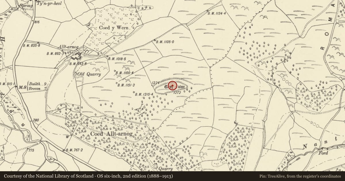 Ordnance Survey six-inch map, 2nd edition (1888–1913) covering the location of Gaer Fawr, Merthyr Cynog, Powys, with a pin at the register's coordinates