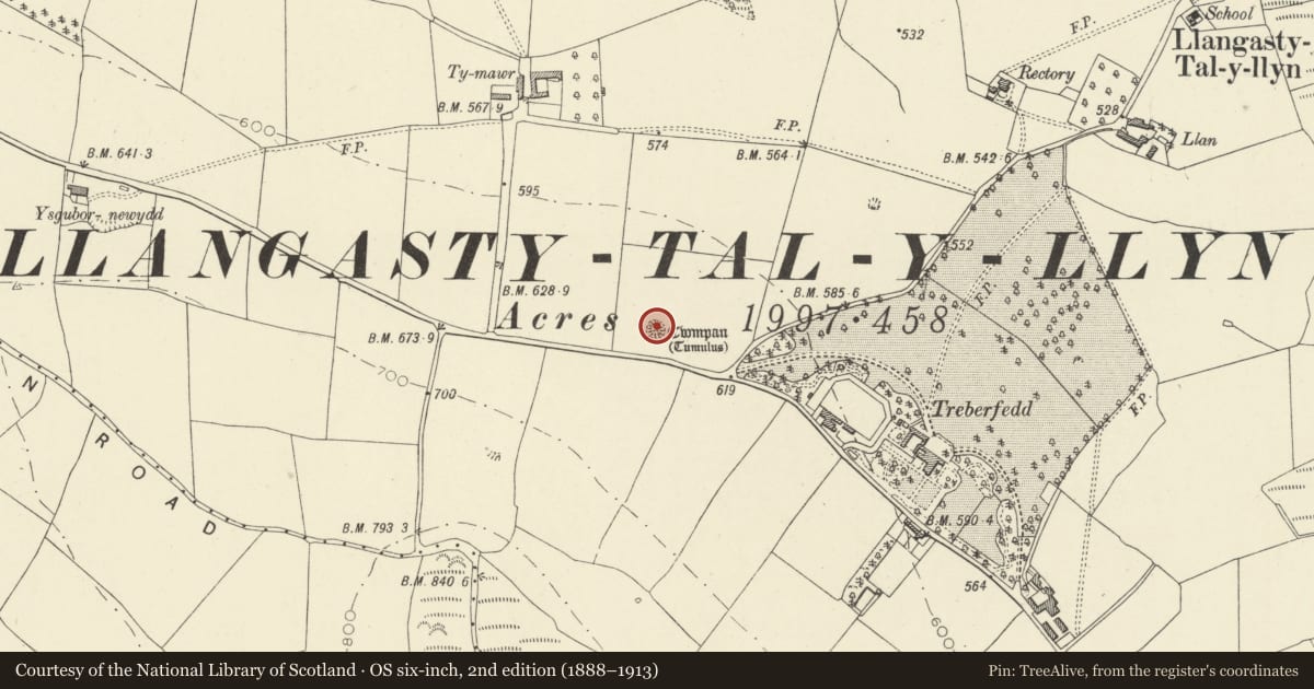 Ordnance Survey six-inch map, 2nd edition (1888–1913) covering the location of Twmpan Castle Mound, Llangors, Powys, with a pin at the register's coordinates