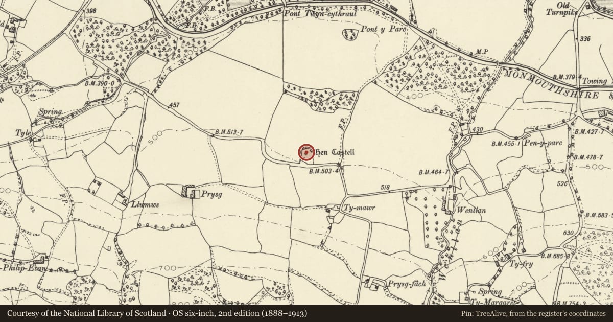 Ordnance Survey six-inch map, 2nd edition (1888–1913) covering the location of Hen Castell, Llangattock, Powys, with a pin at the register's coordinates