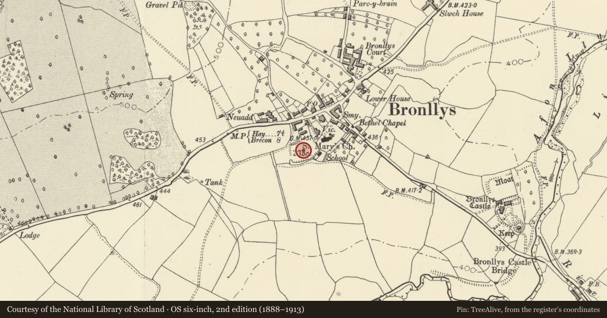Ordnance Survey six-inch map, 2nd edition (1888–1913) covering the location of Bronllys moated site, Powys, with a pin at the register's coordinates