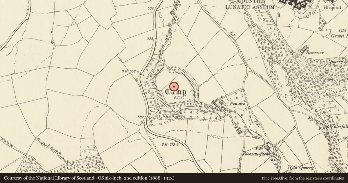Ordnance Survey six-inch map, 2nd edition (1888–1913) covering the location of Talgarth Camp, Powys, with a pin at the register's coordinates