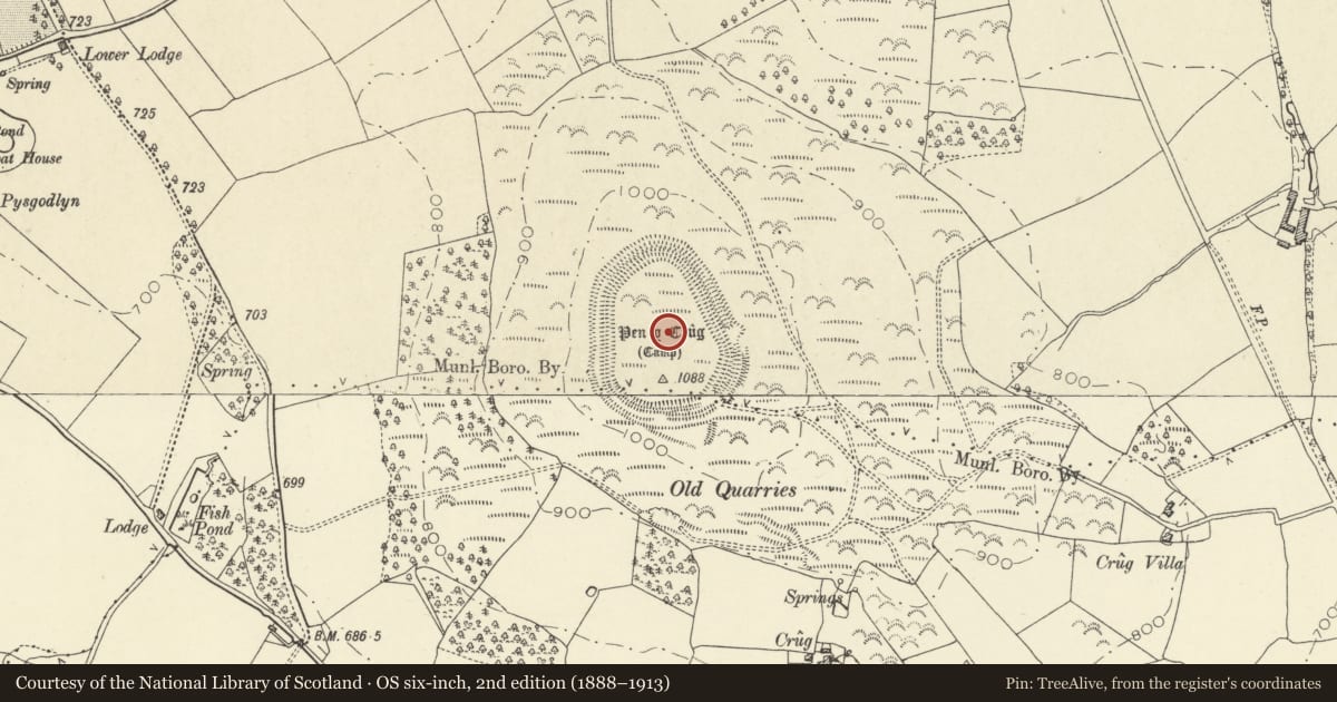 Ordnance Survey six-inch map, 2nd edition (1888–1913) covering the location of Pen-y-Crug, Yscir, Powys, with a pin at the register's coordinates