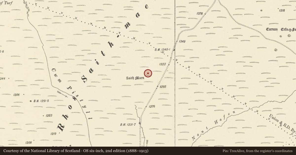 Ordnance Survey six-inch map, 2nd edition (1888–1913) covering the location of Saith-Maen Standing Stones, Llanafanfawr, Powys, with a pin at the register's coordinates