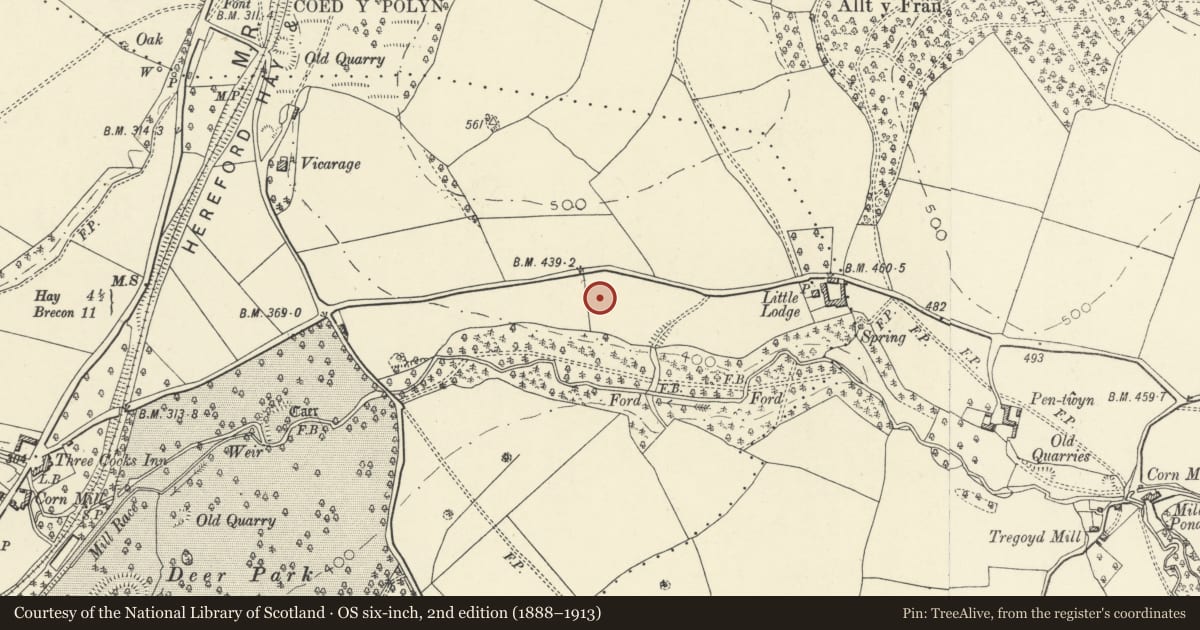Ordnance Survey six-inch map, 2nd edition (1888–1913) covering the location of Little Lodge Long Barrow, Gwernyfed, Powys, with a pin at the register's coordinates