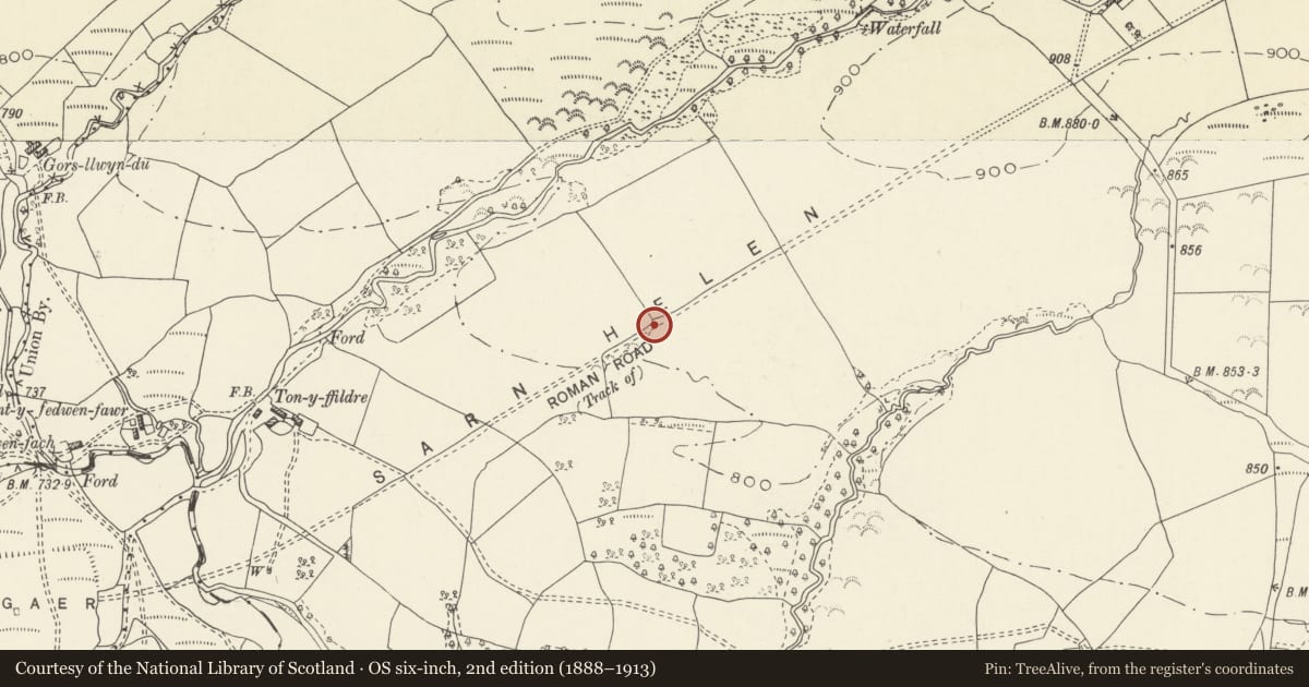 Ordnance Survey six-inch map, 2nd edition (1888–1913) covering the location of Section of Road NE of Coelbren Fort, Ystradfellte, Powys, with a pin at the register's coordinates