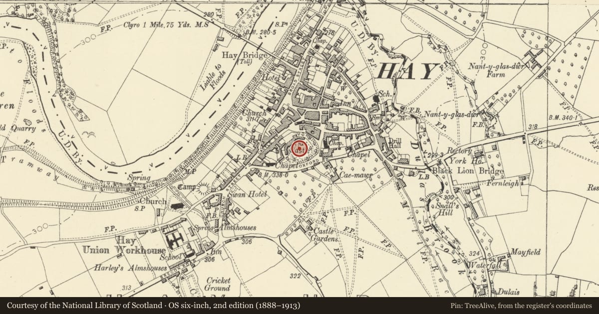 Ordnance Survey six-inch map, 2nd edition (1888–1913) covering the location of Hay Castle, Powys, with a pin at the register's coordinates