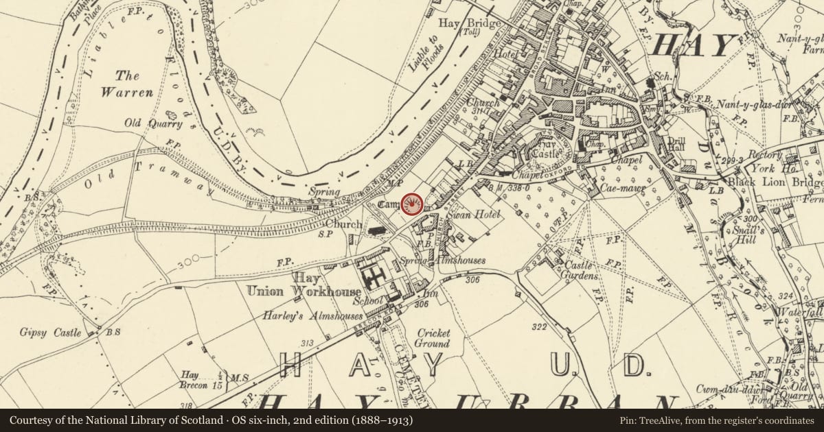 Ordnance Survey six-inch map, 2nd edition (1888–1913) covering the location of Castle Mound near Swan Hotel, Hay, Powys, with a pin at the register's coordinates