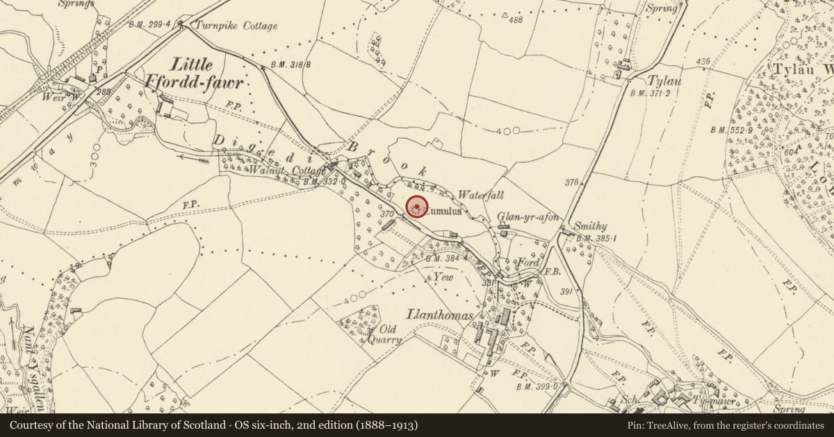 Ordnance Survey six-inch map, 2nd edition (1888–1913) covering the location of Llanthomas Castle Mound, Llanigon, Powys, with a pin at the register's coordinates