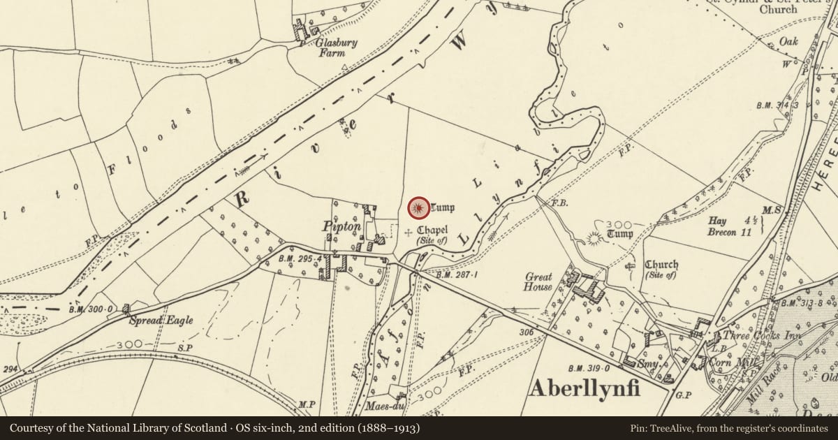 Ordnance Survey six-inch map, 2nd edition (1888–1913) covering the location of Round Barrow 90m NE of Pipton Farm, Bronllys, Powys, with a pin at the register's coordinates