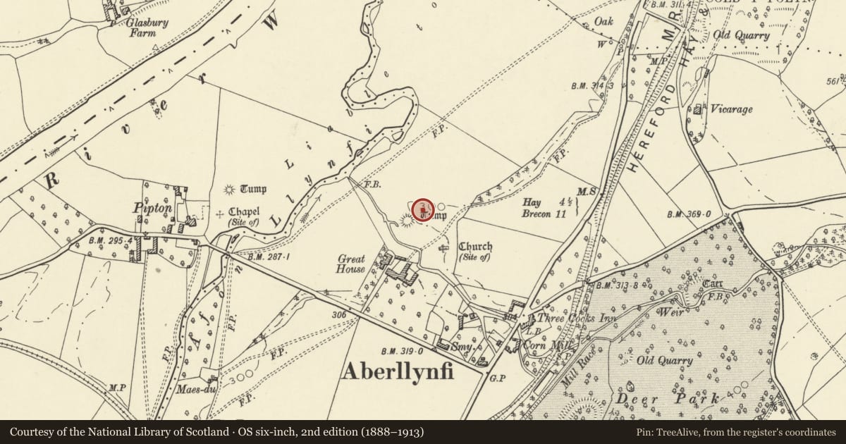 Ordnance Survey six-inch map, 2nd edition (1888–1913) covering the location of Great House Mound & Bailey Castle, Gwernyfed, Powys, with a pin at the register's coordinates