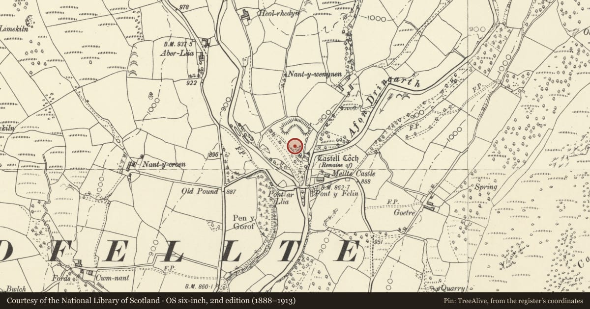 Ordnance Survey six-inch map, 2nd edition (1888–1913) covering the location of Castell Coch, Ystradfellte, Powys, with a pin at the register's coordinates