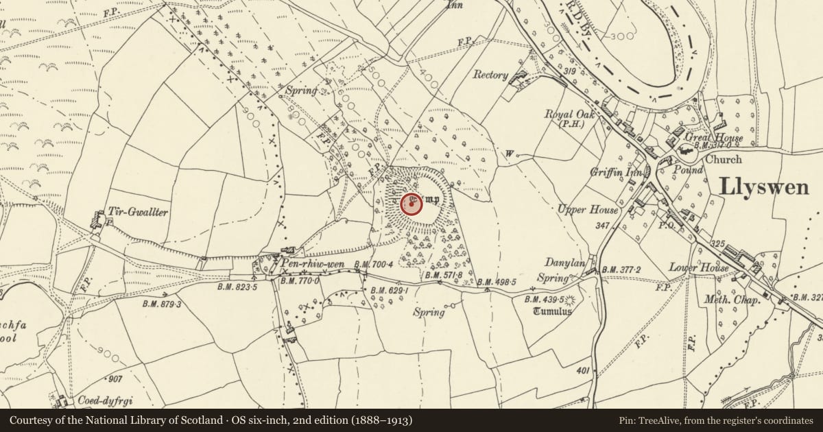 Ordnance Survey six-inch map, 2nd edition (1888–1913) covering the location of Llyswen Camp, Bronllys, Powys, with a pin at the register's coordinates