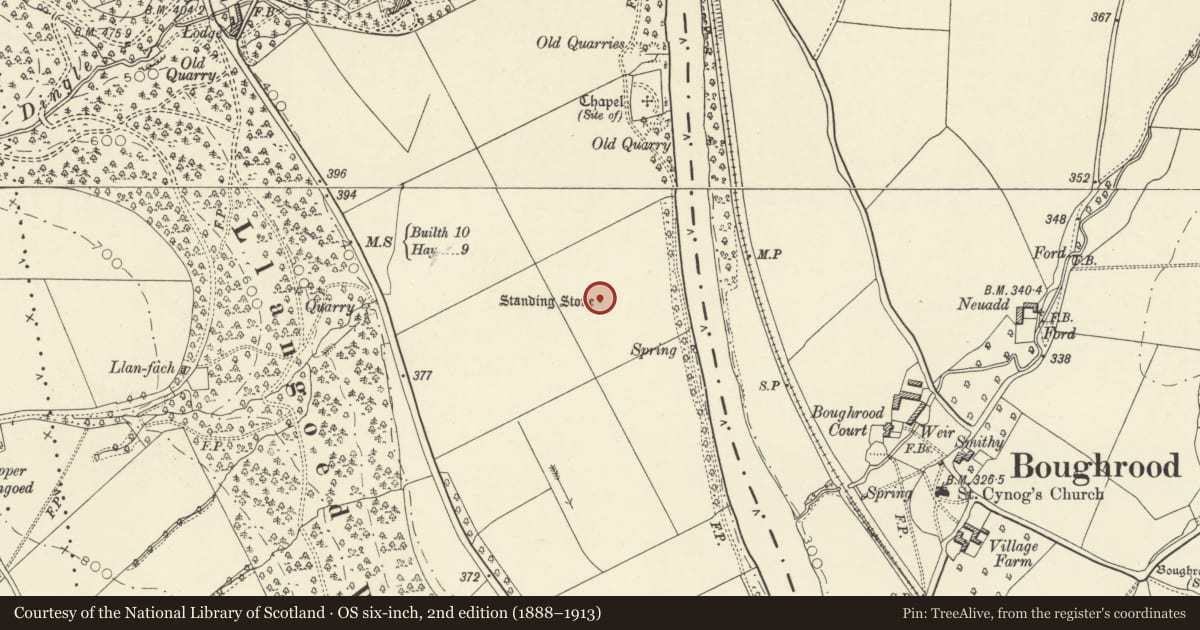Ordnance Survey six-inch map, 2nd edition (1888–1913) covering the location of Standing Stone E of Llangoed Wood, Bronllys, Powys, with a pin at the register's coordinates