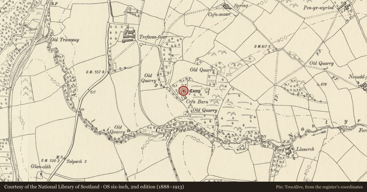 Ordnance Survey six-inch map, 2nd edition (1888–1913) covering the location of Cefn Barn Ringwork, Talgarth, Powys, with a pin at the register's coordinates