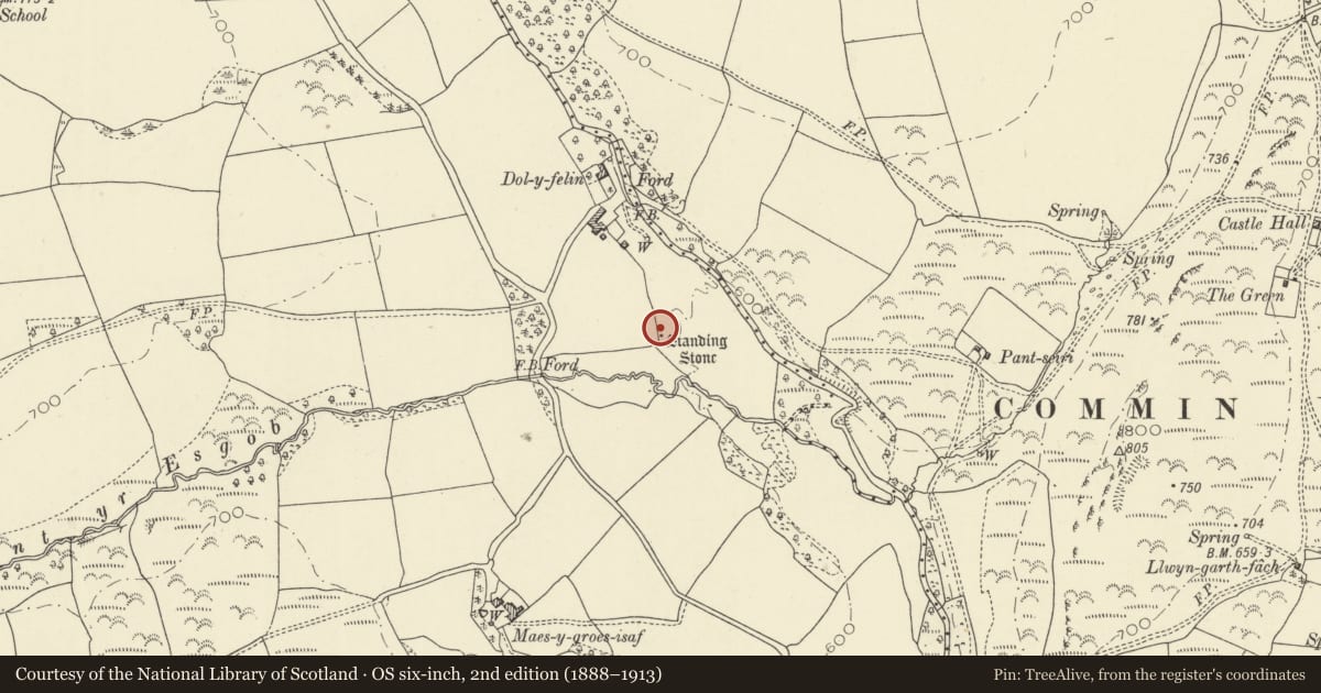 Ordnance Survey six-inch map, 2nd edition (1888–1913) covering the location of Standing Stone SSE of Dol-y-Felin, Llanafanfawr, Powys, with a pin at the register's coordinates