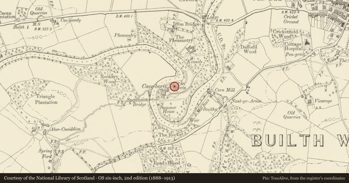 Ordnance Survey six-inch map, 2nd edition (1888–1913) covering the location of Caer Beris, Cilmery, Powys, with a pin at the register's coordinates