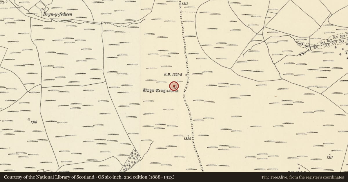 Ordnance Survey six-inch map, 2nd edition (1888–1913) covering the location of Twyn Cerrig-Cadarn Round Cairn, Trallong, Powys, with a pin at the register's coordinates