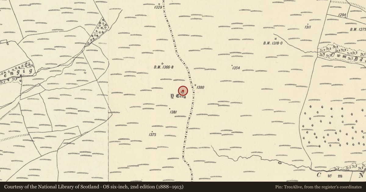 Ordnance Survey six-inch map, 2nd edition (1888–1913) covering the location of Y Crug Round Barrow SSW of Aber-Criban, Trallong, Powys, with a pin at the register's coordinates