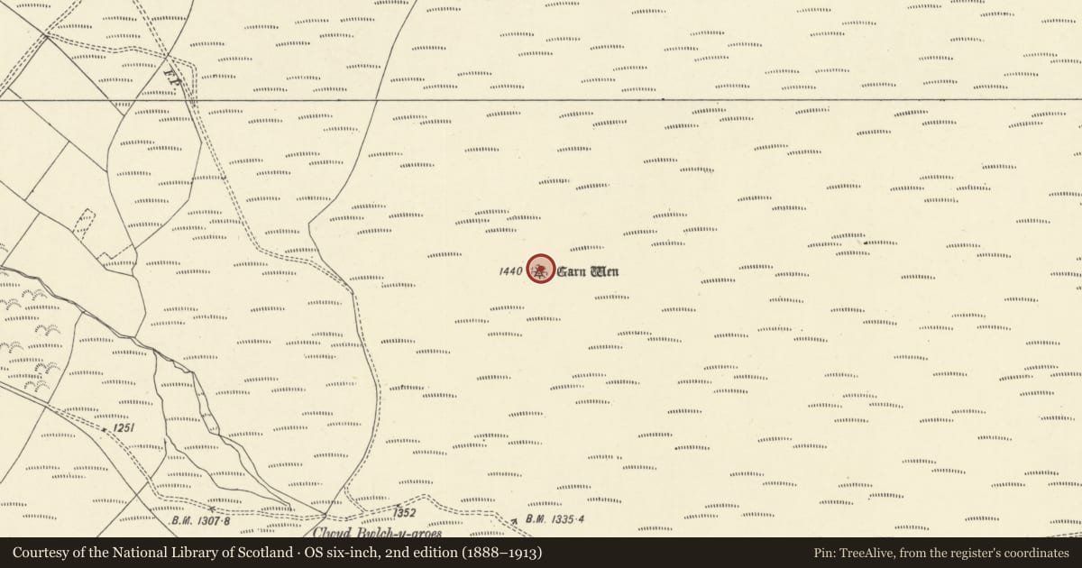 Ordnance Survey six-inch map, 2nd edition (1888–1913) covering the location of Garn Wen Round Cairn, Maescar, Powys, with a pin at the register's coordinates