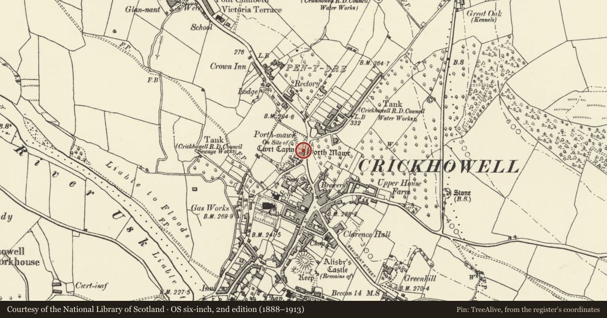 Ordnance Survey six-inch map, 2nd edition (1888–1913) covering the location of Porth Mawr, Crickhowell, Powys, with a pin at the register's coordinates