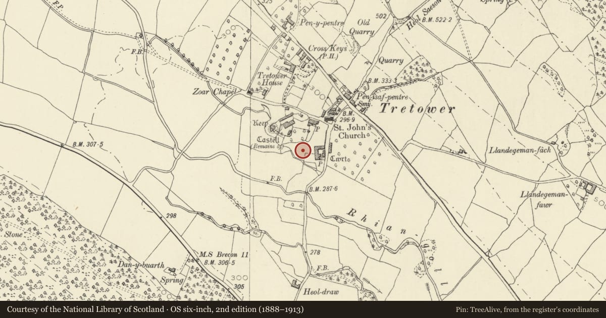 Ordnance Survey six-inch map, 2nd edition (1888–1913) covering the location of Tretower Court, Llanfihangel Cwmdu with Bwlch and Cathedine, Powys, with a pin at the register's coordinates