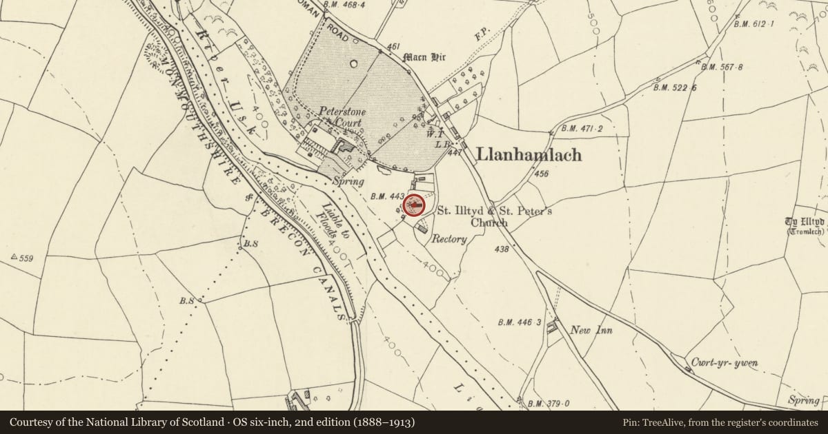 Ordnance Survey six-inch map, 2nd edition (1888–1913) covering the location of Cross-Slab in Church, Llanfrynach, Powys, with a pin at the register's coordinates