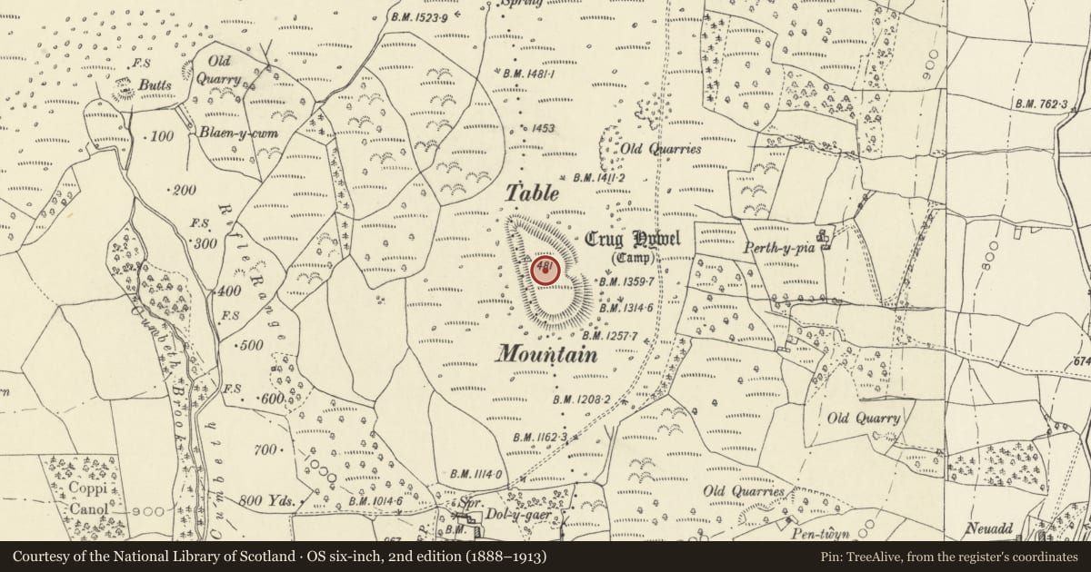 Ordnance Survey six-inch map, 2nd edition (1888–1913) covering the location of Crug Hywel Camp, The Vale of Grwyney, Powys, with a pin at the register's coordinates