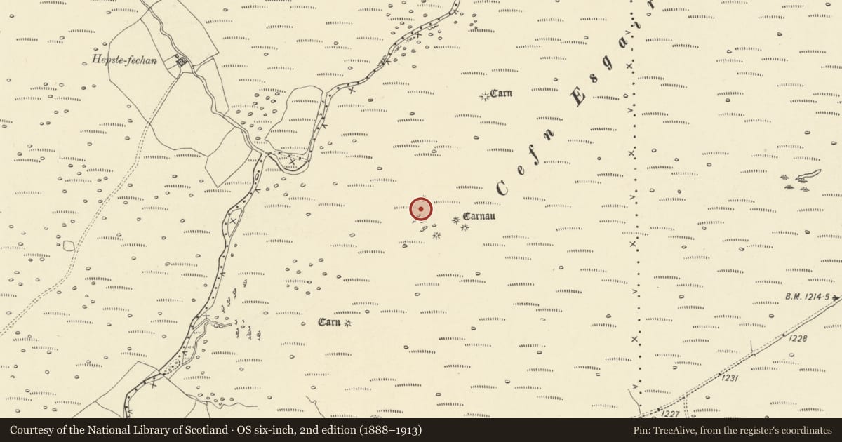 Ordnance Survey six-inch map, 2nd edition (1888–1913) covering the location of Cefn Esgair-Carnau Round Cairns, Ystradfellte, Powys, with a pin at the register's coordinates